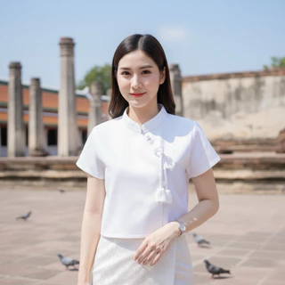 เสื้อพื้นเมืองผู้หญิงคอจีนผูกโบว์ ปักดอกด้วยมือ
