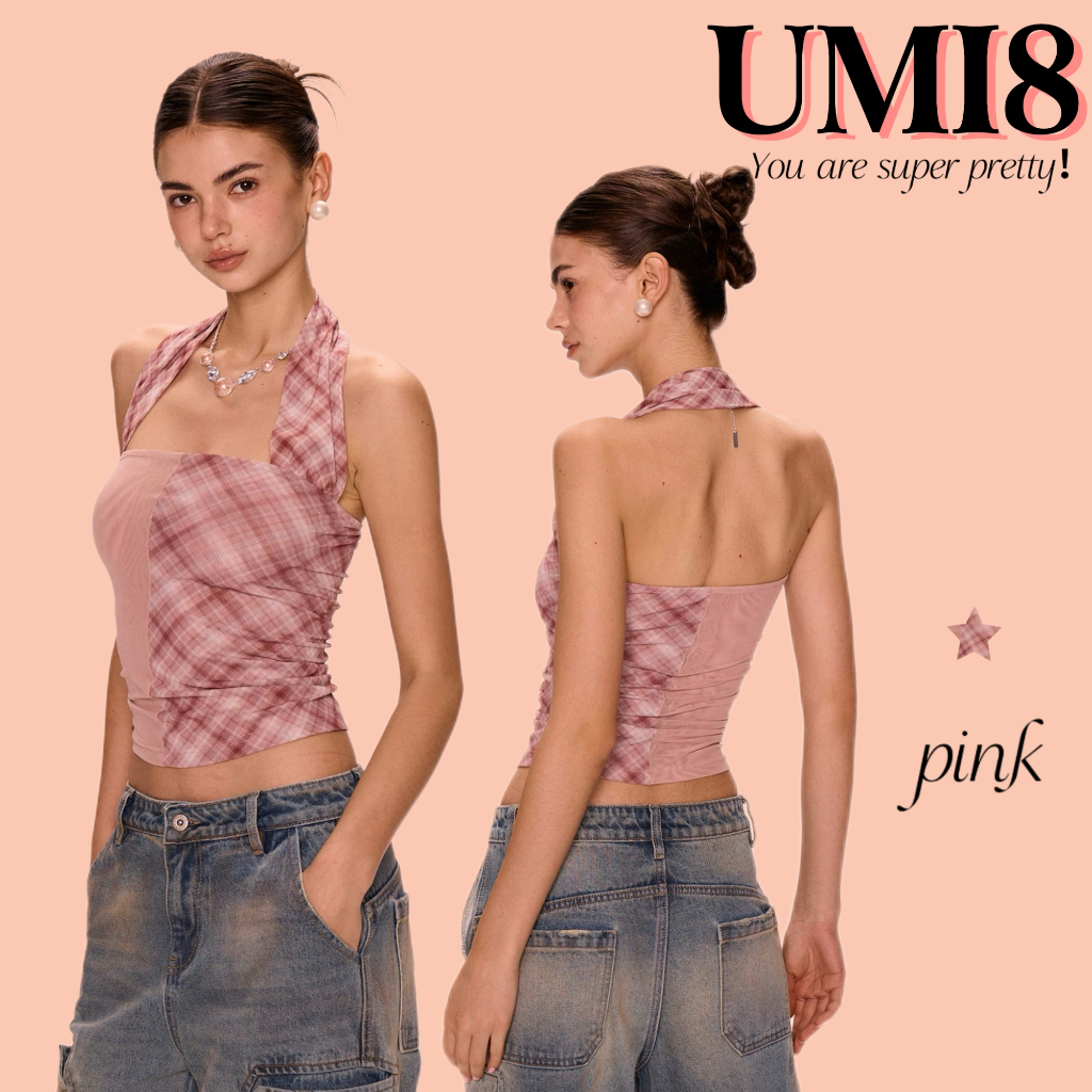 UMI8💝【ในสต็อก】💝เสื้อกล้ามคอฮอลเตอร์สีชมพูสำหรับผู้หญิง แขนกุด ลายสก็อต ทรงเซ็กซี่