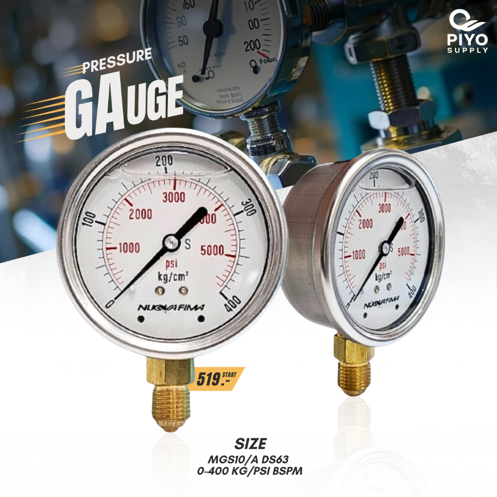 MGS10/A DS63 0-400 KG/PSI เกจวัดเเรงดัน 1/4" BSPM มีน้ำมัน/ไม่มีนํ้ามัน ทองเหลืองออกล่าง หน้าปัด 2.5'' 63 mm. NUOVAFIMA