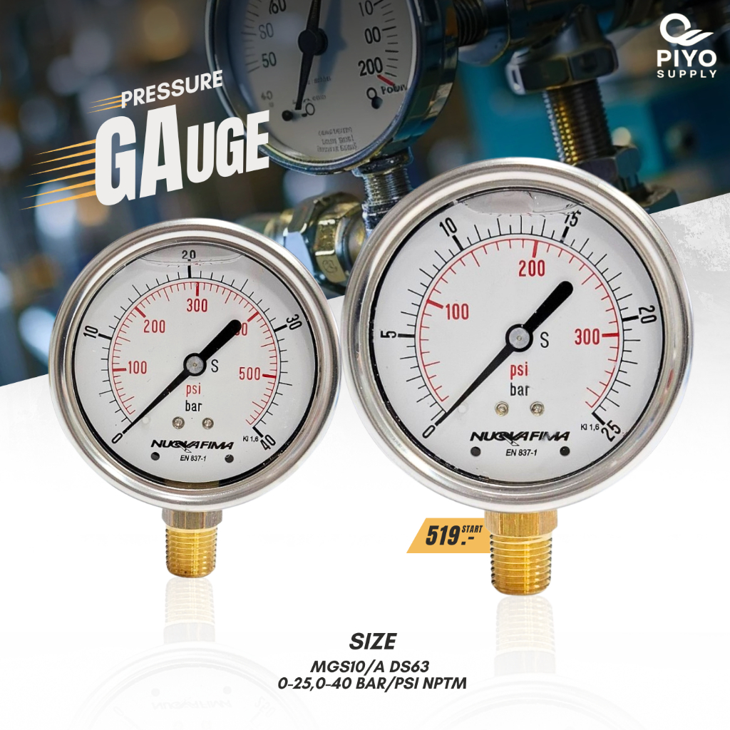 MGS10/A DS63 0-25 / 0-40 BAR/PSI เกจวัดเเรงดัน 1/4" NPTM มีน้ำมัน/ไม่มีนํ้ามัน ทองเหลือง-ออกล่าง หน้าปัด 2.5'' (63 mm.)