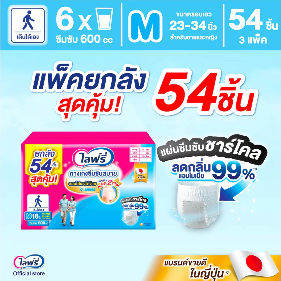 ยกลัง 3 ห่อ รุ่นแผ่นซึมซับ ชาร์โคล Lifree ผ้าอ้อมผู้ใหญ่ กางเกงซึมซับสบาย แอนตี้แบค+ - แพ็ค 2 ฟรี 1