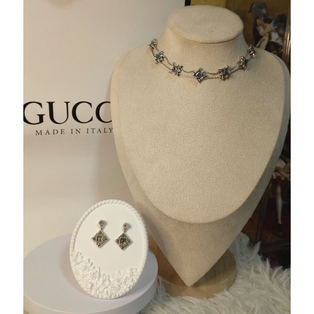 [Accessories] SET สร้อยคอ+ต่างหูเงิน ประดับอัญมณีเทียมเกรด Swarovski มีตอก VSV (พร้อมส่ง)