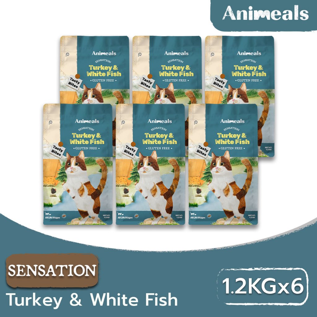Animeals Sensation 1.2 kg. 6 ซอง อาหารแมว สูตร แมวกินง่าย สำหรับแมวเลือกกิน ไก่งวงและปลาเนื้อขาว กลู