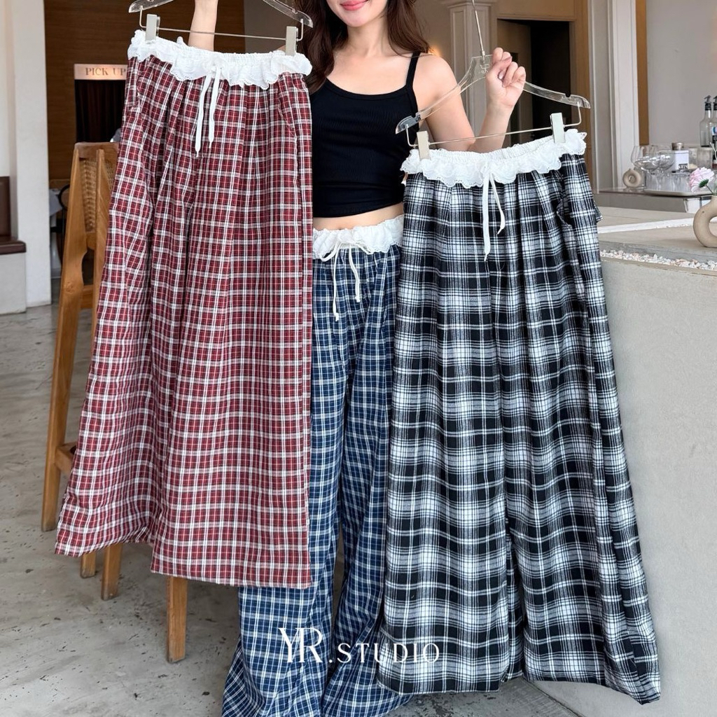 กางเกงคุณหนู CHECK LACE PANTS (ราคา 490) กางเกงเอวยางยืด เเต่งจับจีบรูดลูกไม้ สไตล์คุณหนู ทรงปล่อย เเต่งซับใน