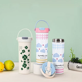 PANDA แก้วกาแฟ สแตนเลส 600ML แก้วเก็บความเย็น 1 ฝา 2 หัวดื่ม กระติกสุญญากาศ สแตนเลส304 ชุดภาพวาดลายพิเศษ 3สี