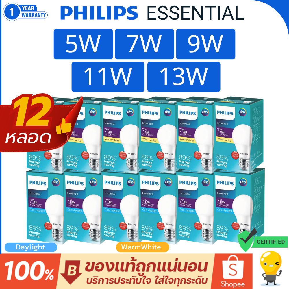 (ราคา12หลอด) หลอดไฟ LED Philips 5w 7w 9w 11w 13w รุ่น Essential กล่องเขียว ขั้ว E27 ลงลัง