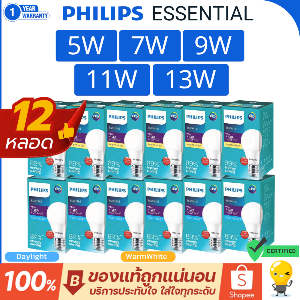 (ราคา12หลอด) หลอดไฟ LED Philips 5w 7w 9w 11w 13w รุ่น Essential กล่องเขียว ขั้ว E27 ลงลัง