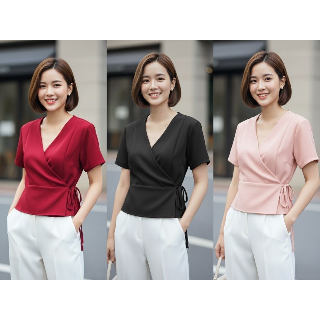 เสื้อแขนสั้นคอวี ป้ายข้างแบบผูกโบว์น่ารักๆ ผ้าบาบี้ใส่สบายๆ
