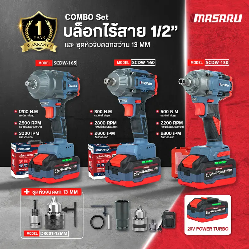Masaru บล็อกไร้สาย รุ่น SCDW-130/160/165 บล็อคไฟฟ้าไร้สาย 500nm 1/2นิ้ว มอเตอร์ Brushless