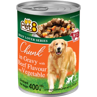Pet8 อาหารเปียกสุนัข ชนิดชิ้นเนื้อในน้ำเกรวี่ 1 กระป๋อง 400g มี 4 รสชาติ สูตรควบคุมความเค็ม