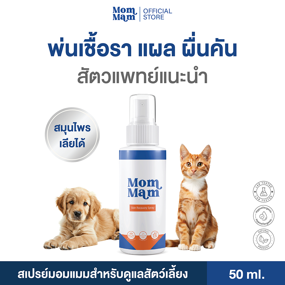 สเปรย์มอมแมม รักษาเชื้อรา แผล แบคทีเรีย ยีสต์ สำหรับสุนัขและแมว เลียได้อย่างปลอดภัย 50 มล. (Mommam)