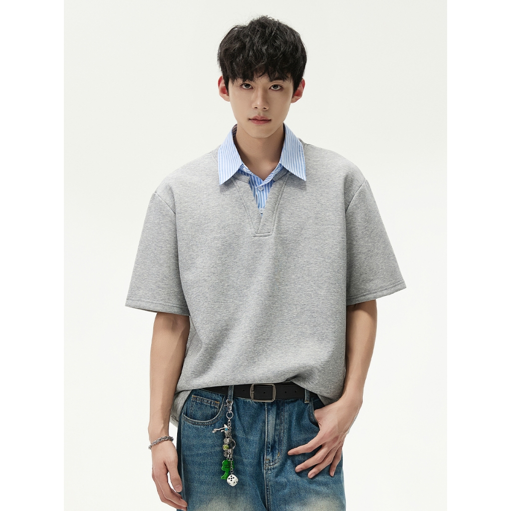 Unisex Faux Two-Piece Short-Sleeve Top - Casual, Loose-Fit, Trendy & Versatile | Couple Essential! - รูปที่ 3