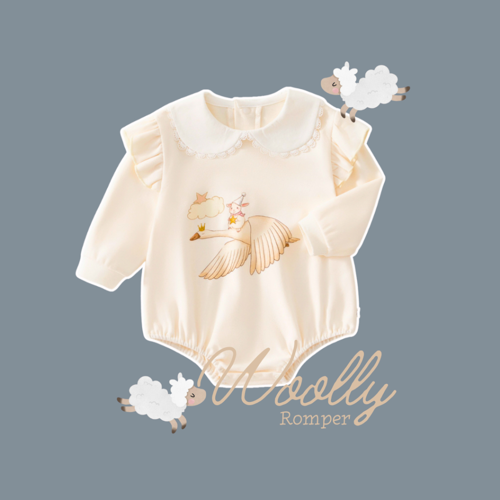 totty.apparel บอดี้สูทเด็กแรกเกิดสีครีม รอมเปอร์เด็กอ่อนสีครีมลาย little Swan รุ่นWoolly ราคา ถูกที่สุด ดีลบีเคเค
