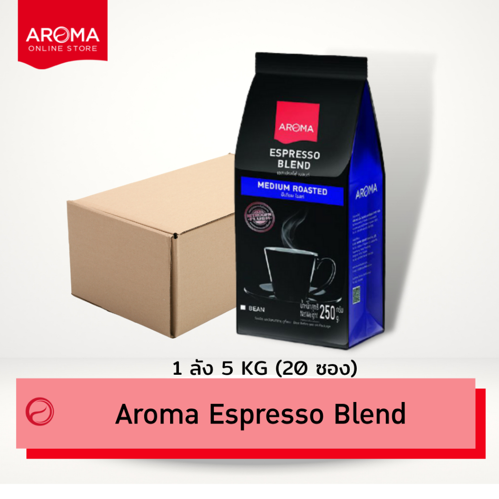 Aroma เมล็ดกาแฟคั่ว Aroma Espresso Blend (ชนิดเม็ด) ยกลัง / Carton (250กรัม/20ซอง)