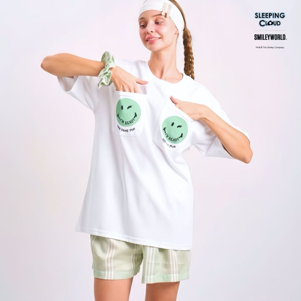 ชุดนอน SLEEPING CLOUD |  Braless Perfect Duo PJs + 100% LYOCELL Pants : เสื้อยืดขาว + กางเกงขาสั้น WEDNESDAY