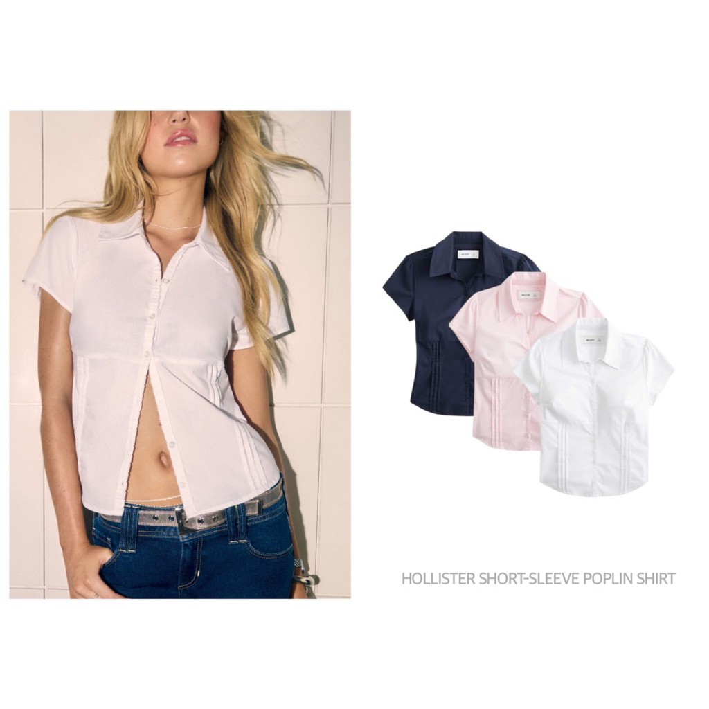 HOLLISTER เสื้อเชิ้ต คอปก มีเชือกผูก SHORT-SLEEVE POPLIN SHIRT (C1801)