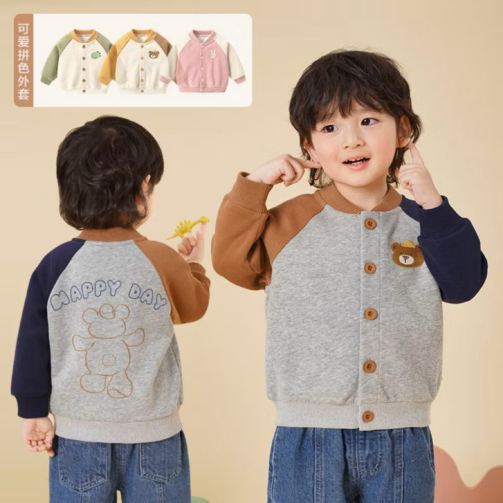 เสื้อแจ็กเก็ตเบสบอล แขนยาว คอกลม คอวีพิมพ์ลายการ์ตูน สีตัดกัน แฟชั่นเกาหลี ฤดูหนาว สําหรับเด็กผู้ชาย