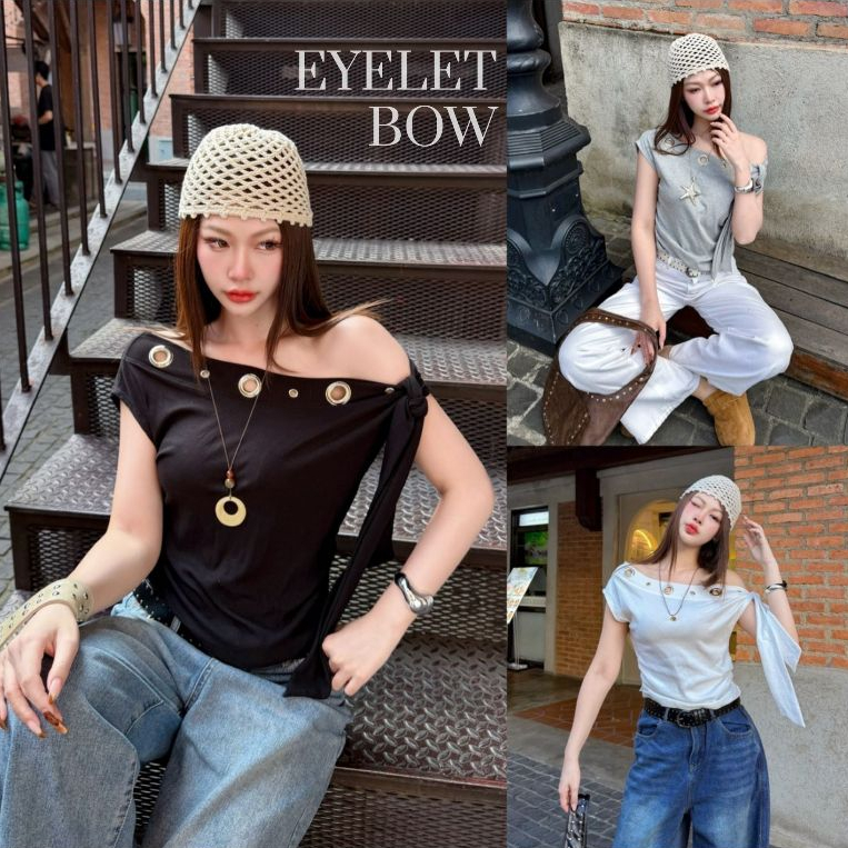 Eyelet bow :: เสื้อปาดไหล่แต่งห่วง เสื้อแขนสั้นแต่งปาดไหล่ห่วง ผูกโบว์แขน สาวอวบใส่ ผ้านิ่ม Sheeny (S045)