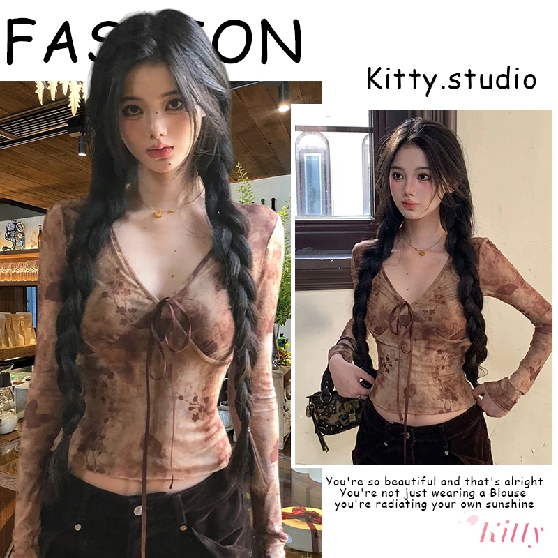 Kitty พร้อมส่ง🌸เสื้อครอป เสื้อแขนยาวผูกโปว์คอวี สีน้ำตาล เซ็กซี่แฟชั่นผู้หญิง สไตล์สาวแซ่บย้อนยุคเก๋ไก๋เข้ารูป