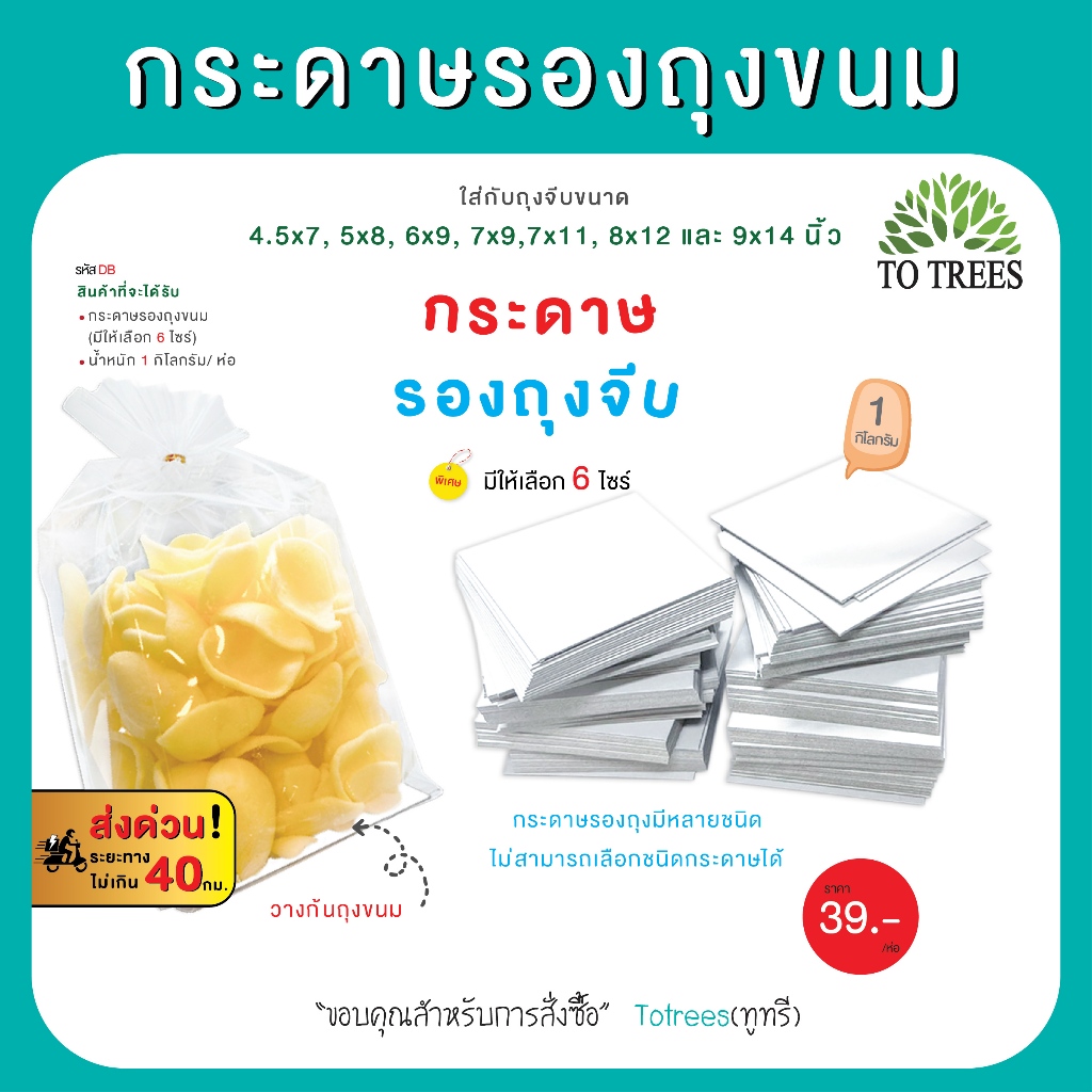 Totrees กระดาษรองก้นถุงจีบ กระดาษรองก้นถุงขนม บรรจุ  1 กิโลกรัม / ห่อ มีขนาดให้เลือก 6 ขนาด รหัส  DB