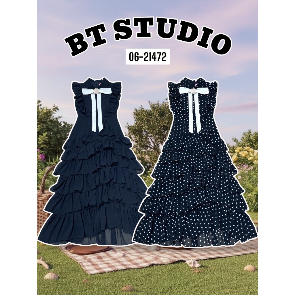 BT 06-21472 แม๊กซี่เดรสแขนกุดคอปกแต่งระบายช่วงแขน กระโปรงแต่งระบายเป็นชั้น มาพร้อมติดเข็มกลัดโบติดดอกไม้ มีซับใน