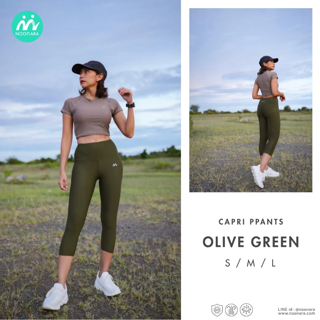 NooNara Capri Pants : Olive Green (เฉพาะกางเกง) กางเกง 5 ส่วน วิ่ง โยคะ ว่ายน้ำ ดำน้ำ กันยูวี มีซับใน มีกระเป๋า แห้งเร็ว