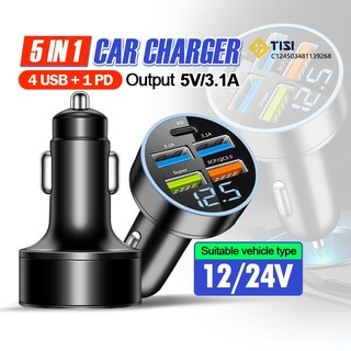 ที่ชาร์จในรถ 5 พอร์ต 4USB+1PD หน้าจอ LED  หัวชาร์จเร็ว ที่ชาร์จโทรศัพท์ในรถ Car Charger