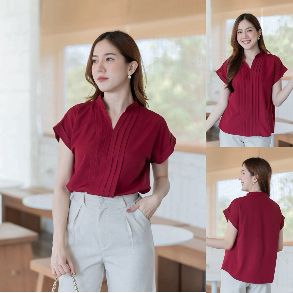 เสื้อเบล้าส์คอจีน ตีเกล็ดหน้า แขนพับ ดีไซน์เรียบกรู ดูแพง#l154shop_454