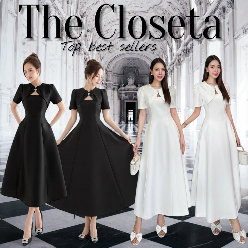 THE CLOSETA : LB84 ชุดเดรสออกงานแขนสั้นคอกลมแต่งกระดุมมุกผ้าสูท