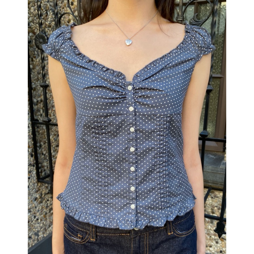 พร้อมส่ง 🎀 Brandy Melville | Elena Polka Dot Top (Fade Navy Blue)