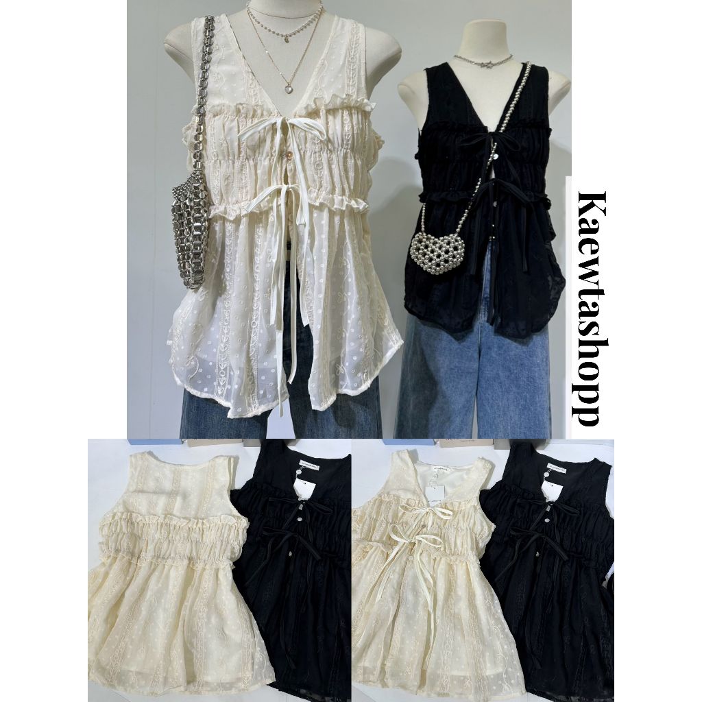 ป้าย Maikaew/ Matinee - เสื้อแขนกุด ผูกโบว์หน้า แต่งจีบหน้า/หลัง ทรงปล่อย อำพรางหุ่น อก 38" อกเล็กใส่ได้ kaewtashop