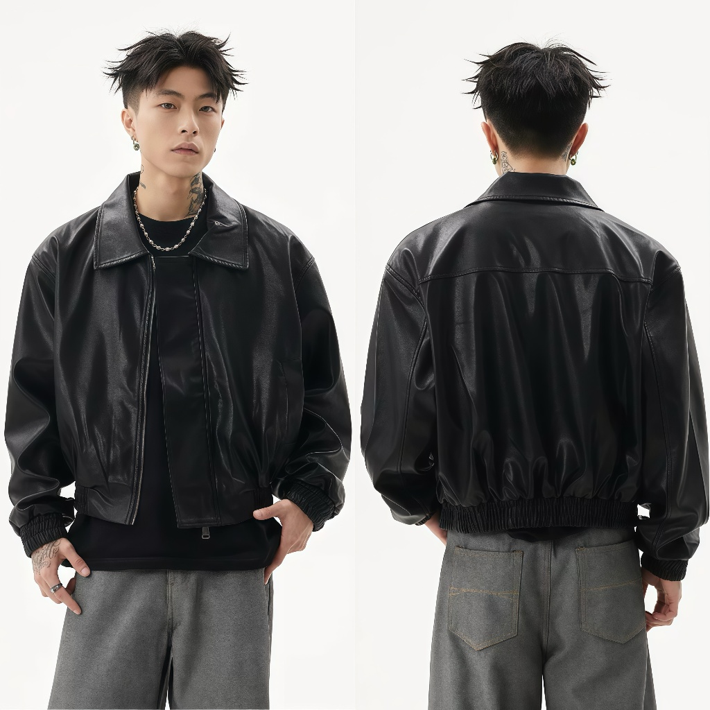 เสื้อแจ็คเก็ตหนัง PU หรูหราสําหรับผู้ชายฤดูใบไม้ร่วงสไตล์เกาหลีเสื้อแขนยาวระดับไฮเอนด์ สไตล์อเมริกัน ย้อนยุค