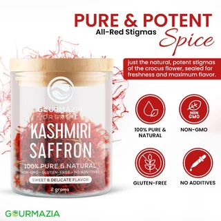 Gourmazia Premium Kashmiri Saffron – All-Red Mongra Threads, Hand-Picked & Sun-Dried, Single-Origin from Kashmir, 2G