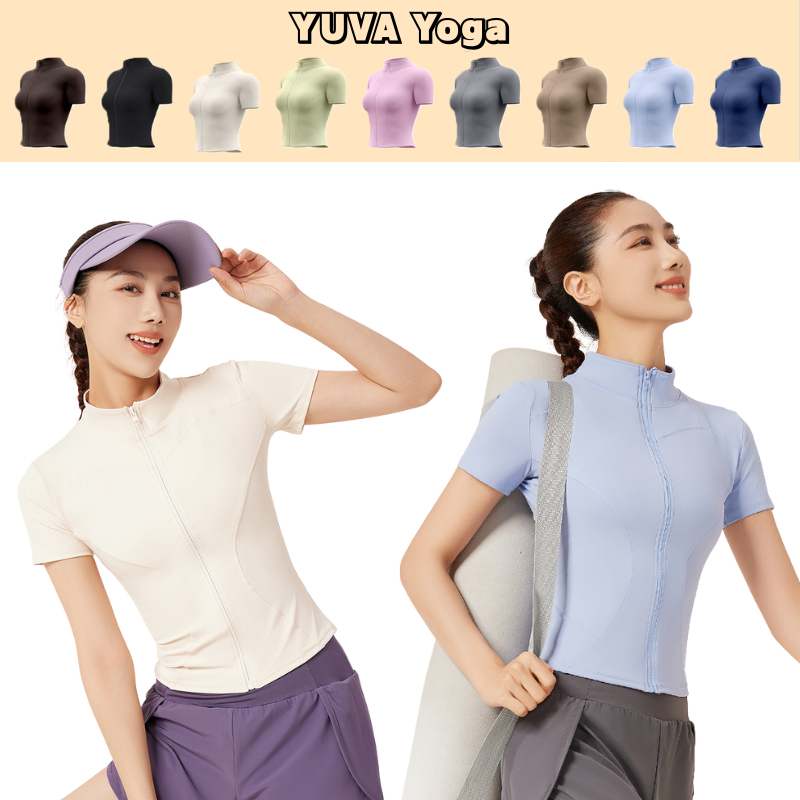 เสื้อแจ็กเก็ตโยคะ เสื้อแจ็กเก็ตกีฬา เสื้อแจ็กเก็ตแขนสั้น เข้ารูป กระชับสัดส่วน ยืดหยุ่นสูงนุ่ม เหมาะสำหรับกีฬาหลายประเภท