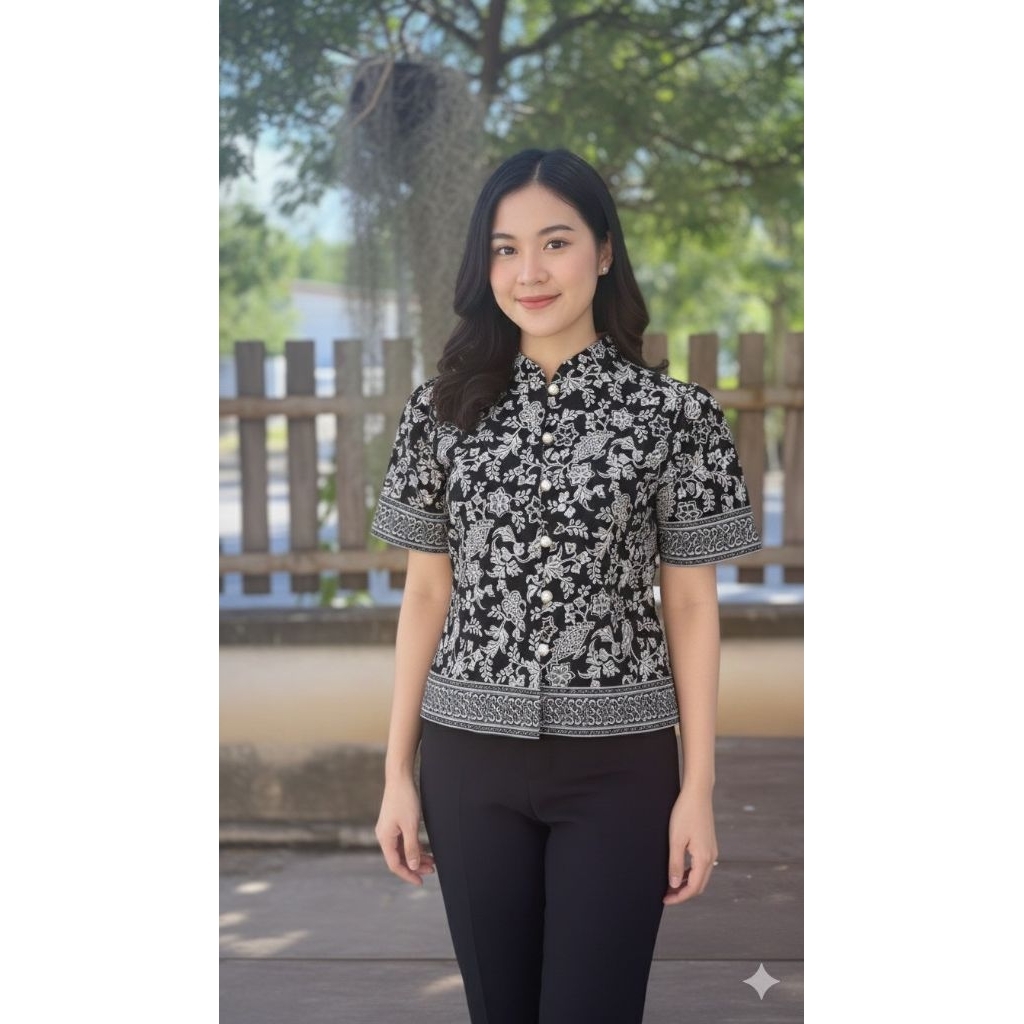 เสื้อผ้าไทยเนื้อผ้าคอตตอนพิมพ์ลายปาเต๊ะอัดกาว❇️ราคา 399฿❤️ งานเสื้อผ้าคอตตอนสิงคโปร์พิมพ์ลายปาเต๊ะลายบานชื่นดีเทลคอจีน