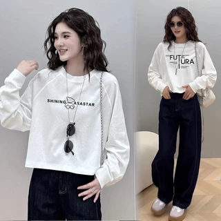 เสื้อครอปแขนยาวไซส์ใหญ่ oversize เสื้อผ้าสาวอวบแฟชั่นมาใหม่ เสื้อยืดสวยผู้หญิงลำลองทรงหลวมสไตล์เกาหลี สกรีนลายวินเทจเท่
