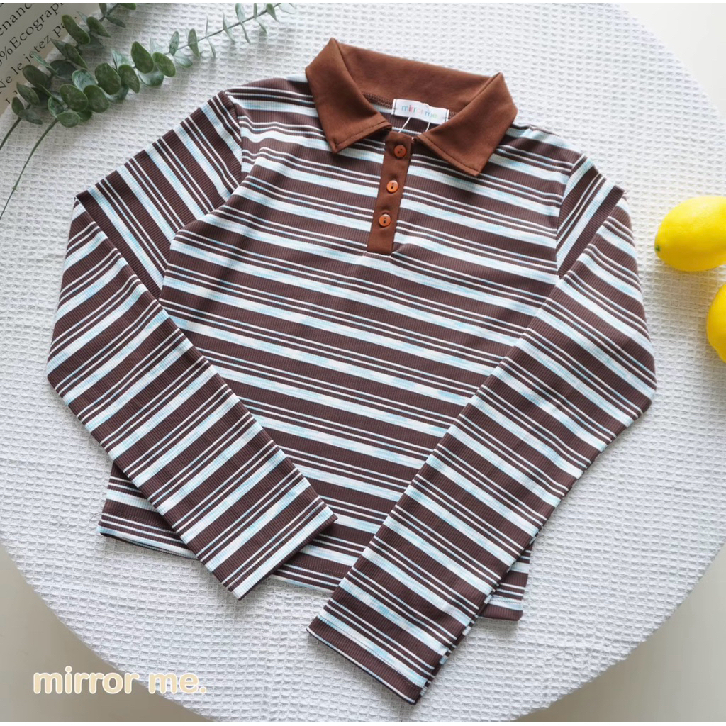 ส่งต่อเสื้อโปโลแขนยาว ของ mirrorme (น้ำตาลริ้วฟ้า)