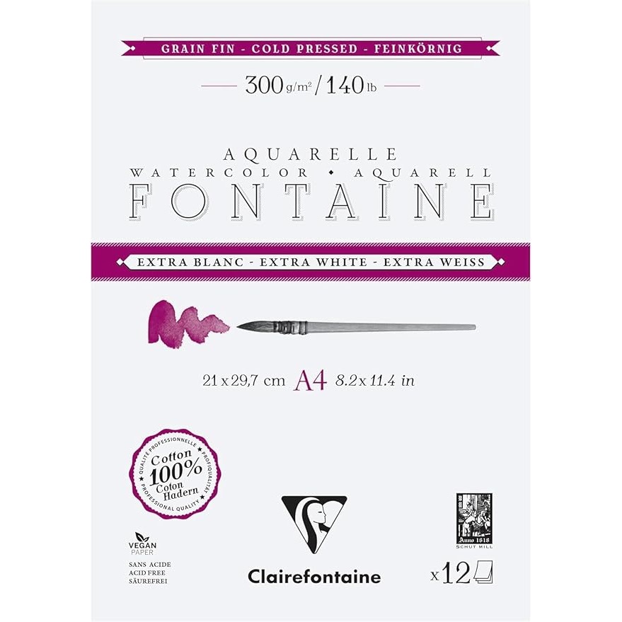 Clairefontaine กระดาษสีน้ำ หมึก กวอช รุ่น Fontaine Extra White (C976047C) 300gsm ผิวละเอียด A4 สันกาว 2 ด้าน 12sh