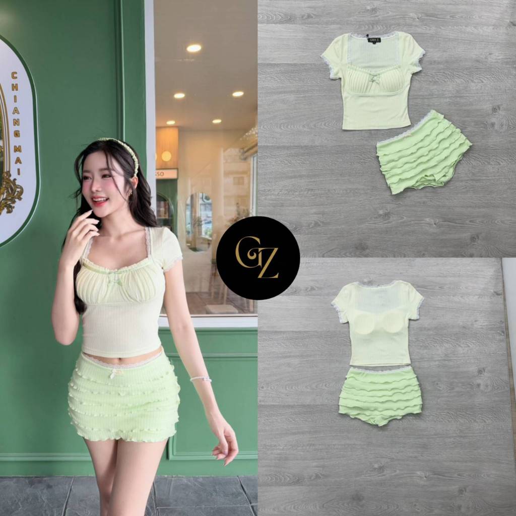 GEN Z Setเสื้อแขนสั้นแต่งลูกไม้ผ้านิ่ม - รูปที่ 3