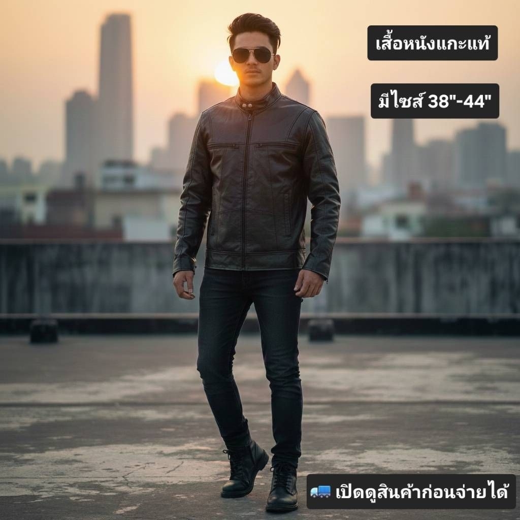เสื้อหนังแท้ราคาถูกมากรุ่นหนังบางแขนยาวกระเป๋าซิบ