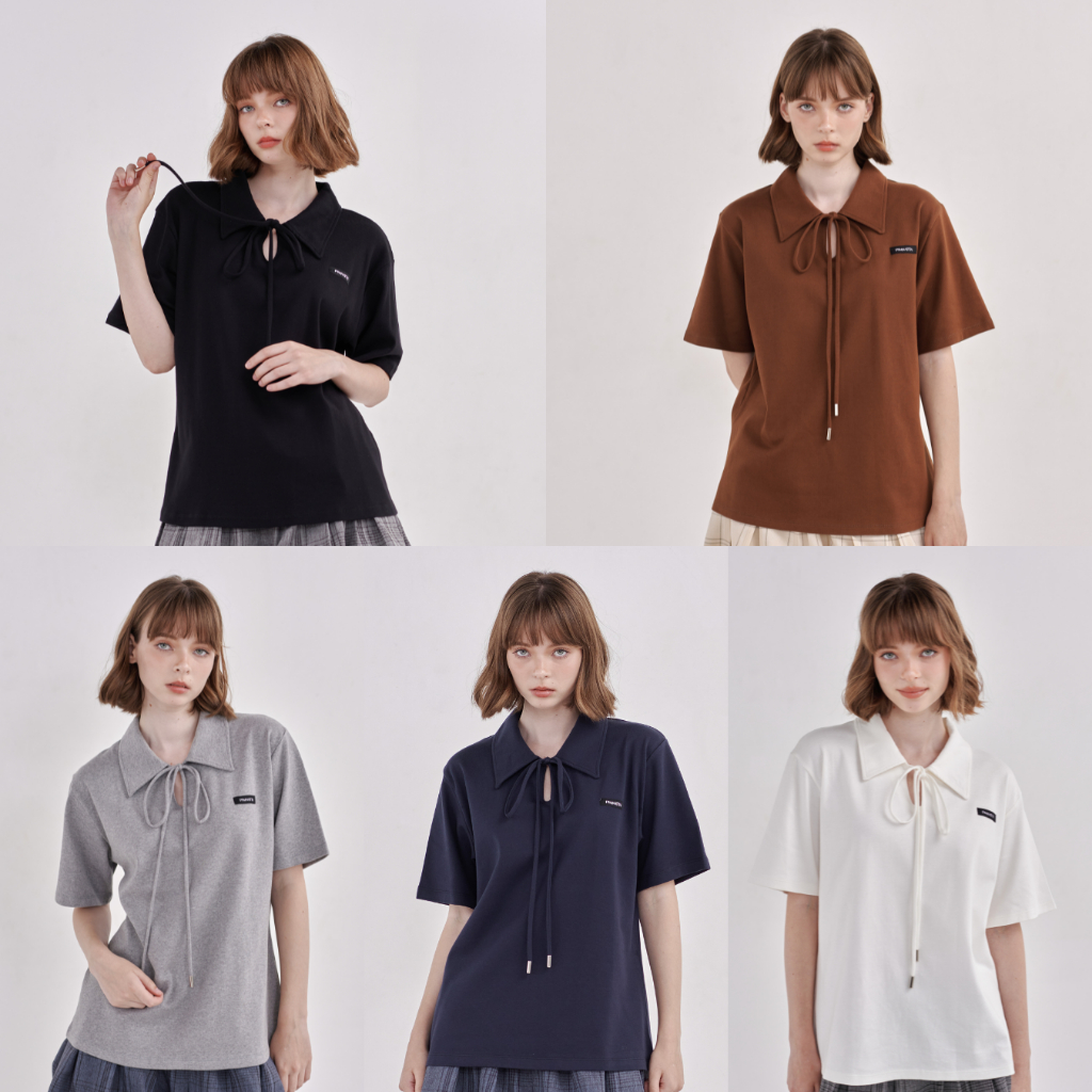 PIMNATTA Anya Bow Polo Top เสื้อยืดปกโปโลผูกโบว์ สไตล์แคชชวล เนื้อผ้านุ่มสบาย (🔥ใช้คูปองลด 25%ได้)