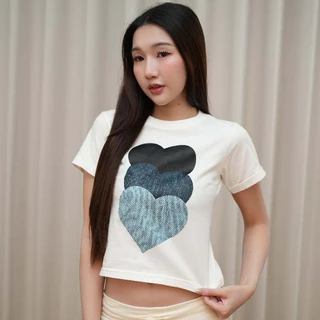 Jean Crop Top เสื้อยืดพิมพ์ลายยีนส์ ลายการ์ตูน แฟชั่นวัยรุ่น genZ ผ้าคอตตอน cotton ใส่เที่ยว ใส่ทำงาน