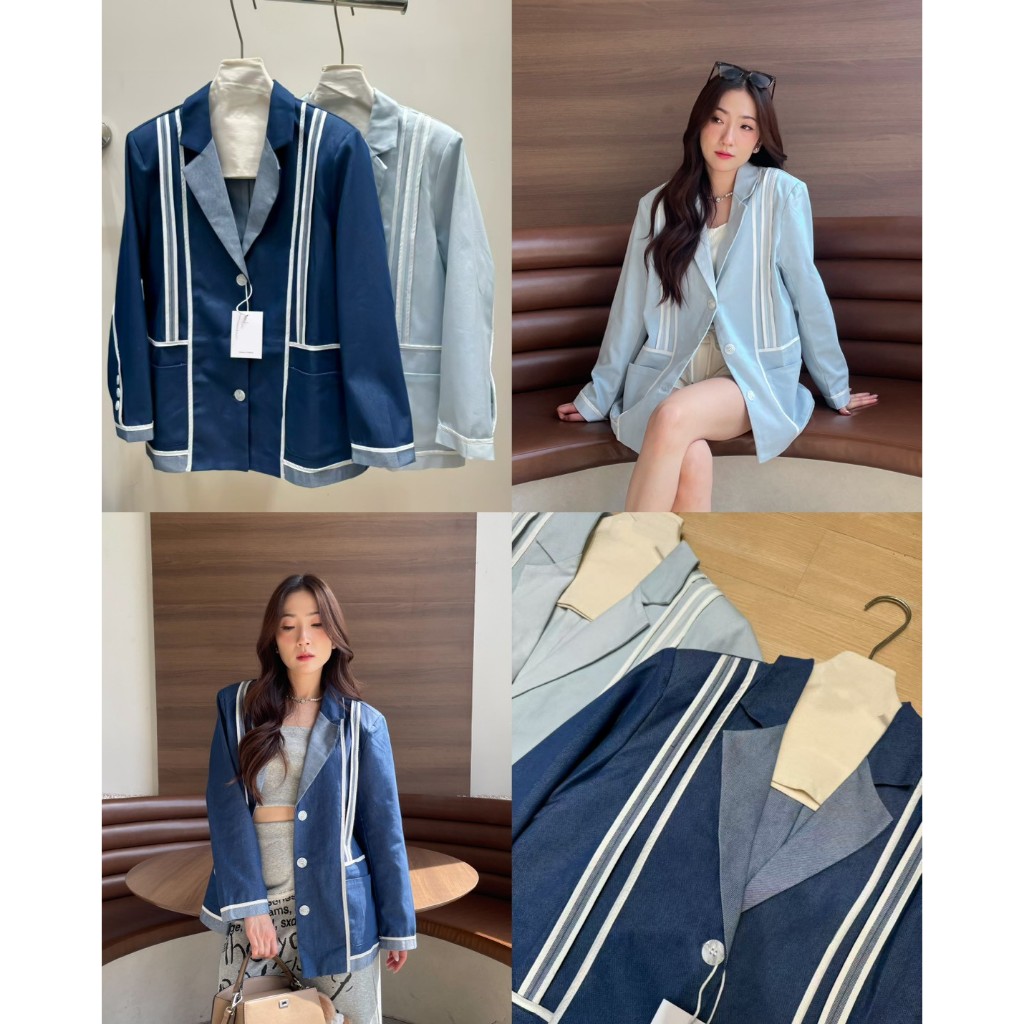 Flower brown Baby blue blazer เบลเซอร์แต่งขอบสีขาว