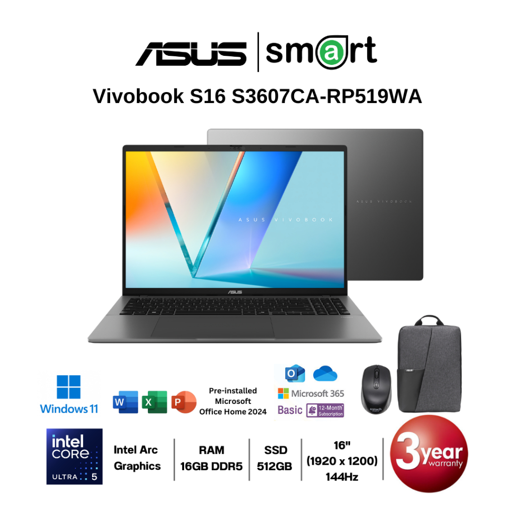 ASUS Vivobook S16 S3607CA-RP519WA Core Ultra 5 255H/16GB/512GB/16"/Win11+Office (Matte Gray)