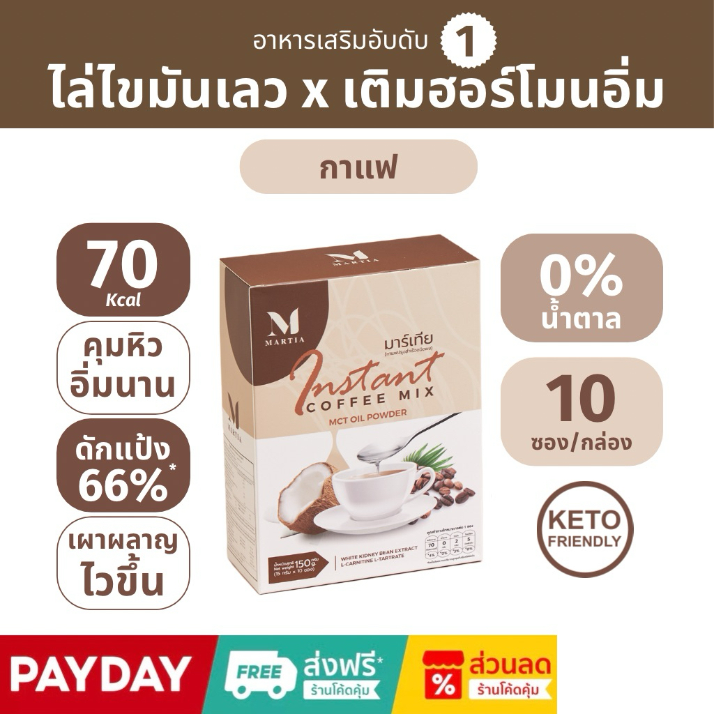 (1กล่อง) [Shopee Video ลด 100฿] กาแฟมาร์เทีย MCT OIL C8 5,000 mg. ถั่วขาว 500มก. คีโตทานได้