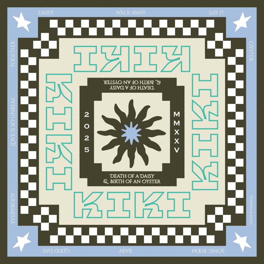 Bandana พิมพ์ลายวง KIKI ลายอัลบั้ม DEATH OF A DAISY & BIRTH OF AN OYSTER (ปี 2025) - สีฟ้า/เขียวเข้ม