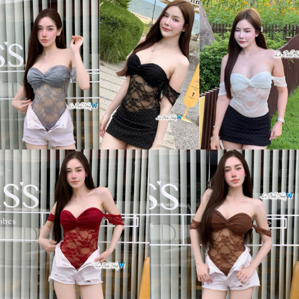 💕ShopBypuy💕บอดี้สูทเกาะอกลูกไม้บิดหน้าแขนต่อ