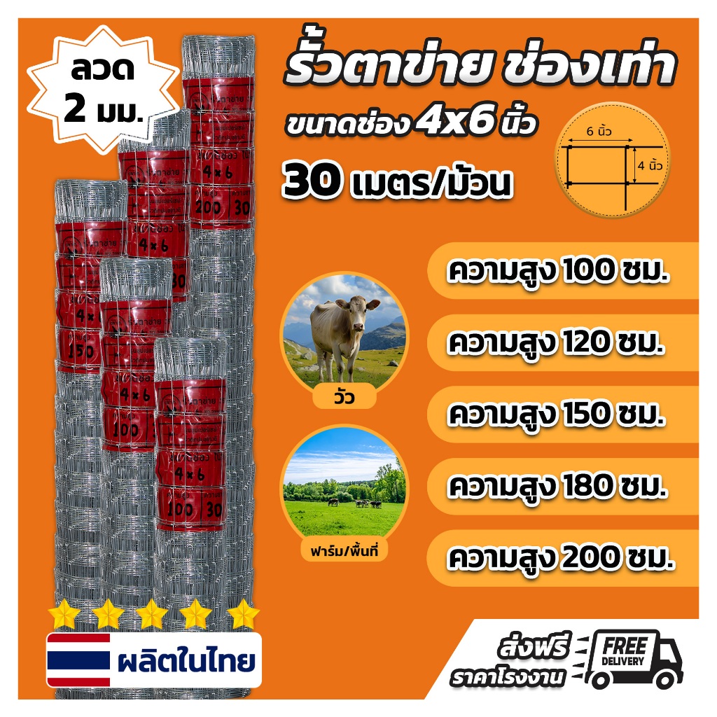 รั้วตาข่ายแรงดึงสูง ช่อง 4x6 นิ้ว ความยาว 30 เมตร ความสูง 1.00-2.00 เมตร ล้อมสัตว์ ล้อมสวน แถมลวดมัด 1.8 มม 1กก