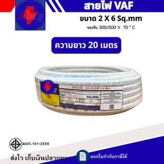 สายไฟ VAF 2 x 6 Sq.mm ยาว20เมตร 50เมตร 100เมตร สายไฟทองแดงคู่ สินค้าคุณภาพตามมาตรฐาน
