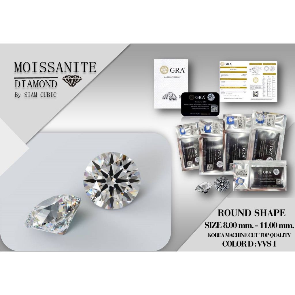 โมซาไนท์-กลม( Size 8.00mm.-11.00mm.)(D:Color,VVS1)( Mois-เพชรโมอีส ) Moissanite -เพชรสังเคราะห์ ROUND จำหน่ายเป็นเม็ด